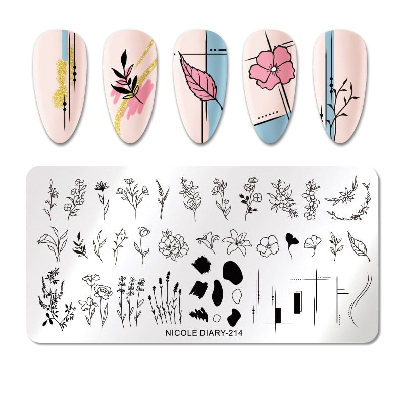 NICOLE DIARY Leaves Flower Stripe Design Stamping Plates Abstract Lady Face Nail Stamp Templates Leaf Floral Printing Stencil