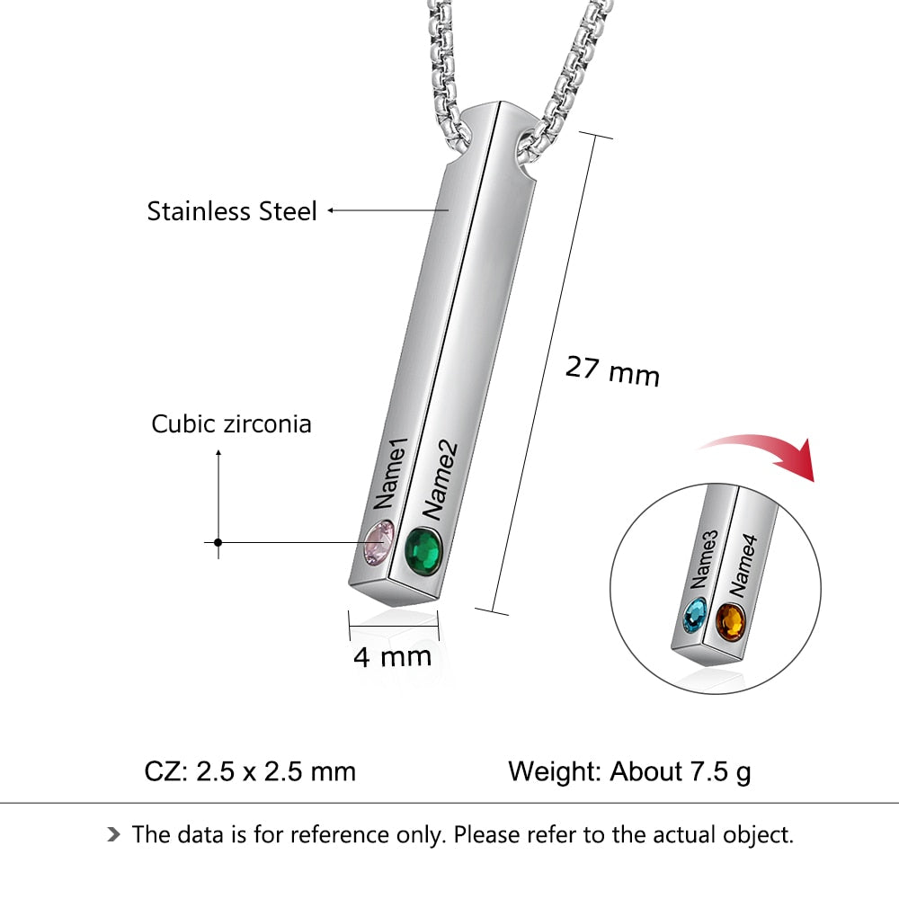 JewelOra Personalized Engraved Name Bar Necklaces for Women 4 Sides Custom Birthstone Stainless Steel Vertical Bar Pendant