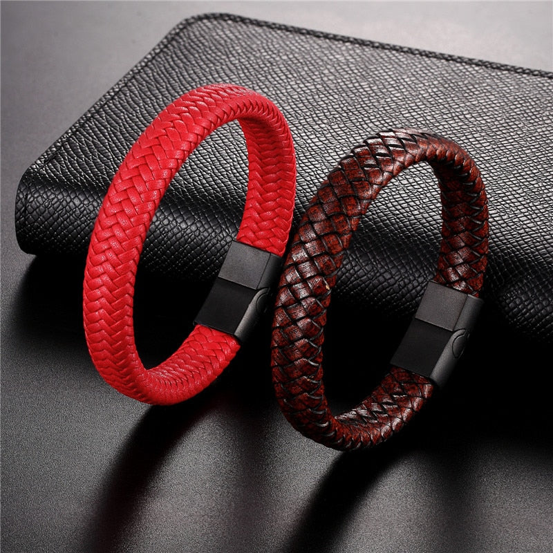 MKENDN Punk Men Leather Bracelet Black Stainless Steel Magnetic Clasp Braided Woven Bangle Pulseras lovers&#39; gift