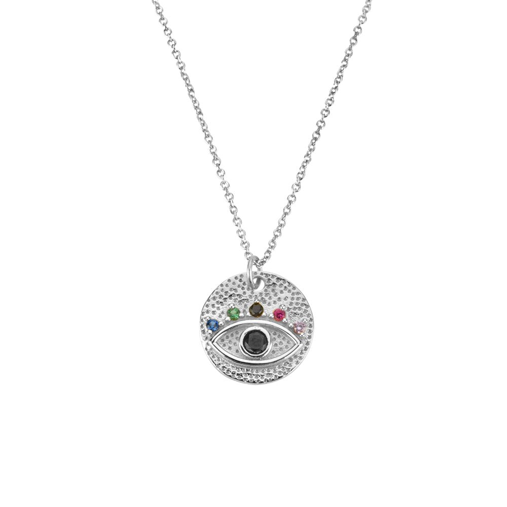 ANDYWEN New 925 Sterling Silver Gold Colorful Eye Coins Pendant Necklace Long Chain Lucky Eye Luxury Women Fashion Fine Jewels