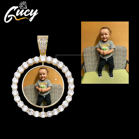 GUCY Custom Made Photo Rotating Double-Sided Medallions Pendant Necklace 4mm Tennis Chain Zircon Men&#39;s Hip Hop Jewelry