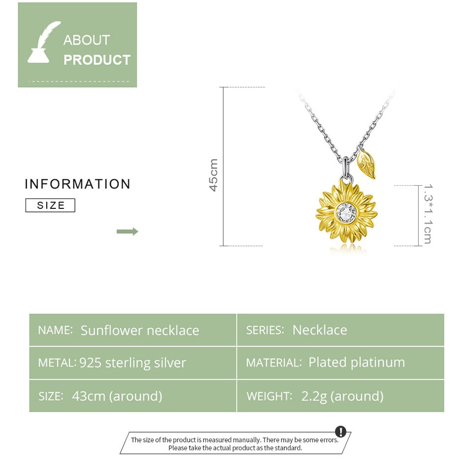 bamoer Silver Sunflower Necklace 925 Sterling Silver Gold Color Lucky Necklace Gift for Women Fashion Necklace Jewelry  BSN212