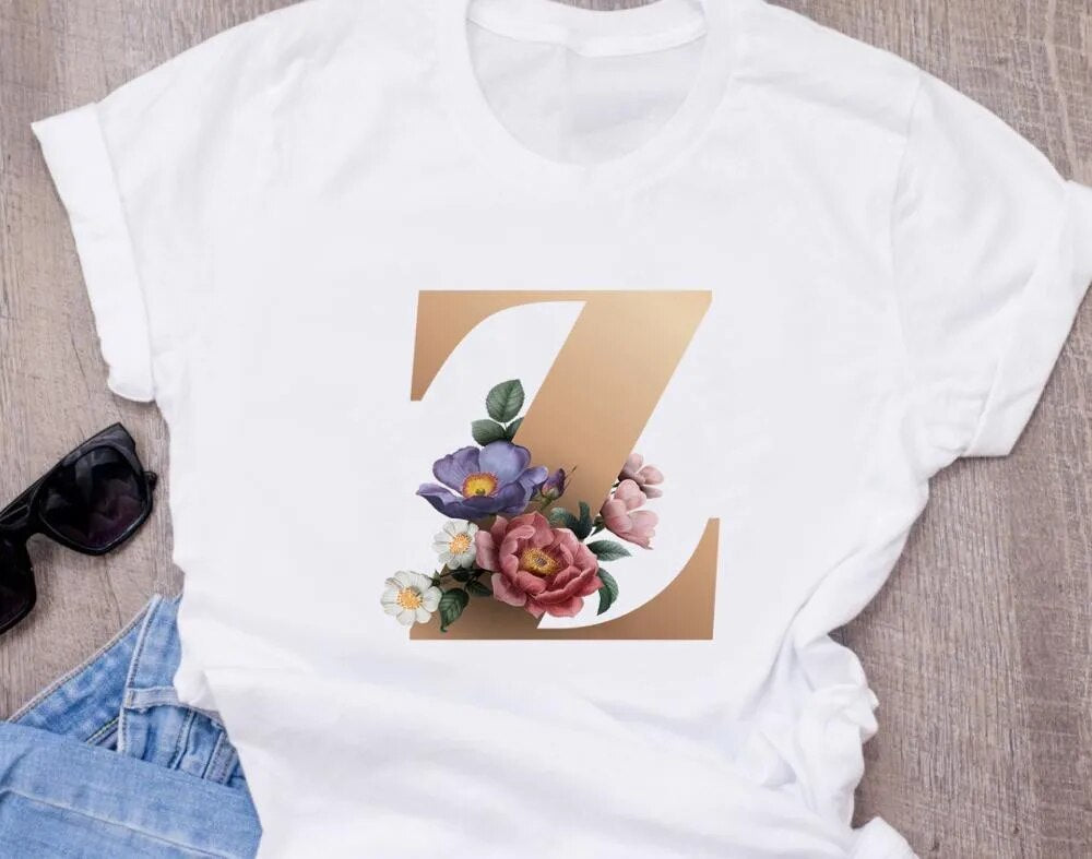 High-Quality Custom Name Letter (K) Combination T-Shirt for Women in Floral Alphabet Design in Short Sleeves.
