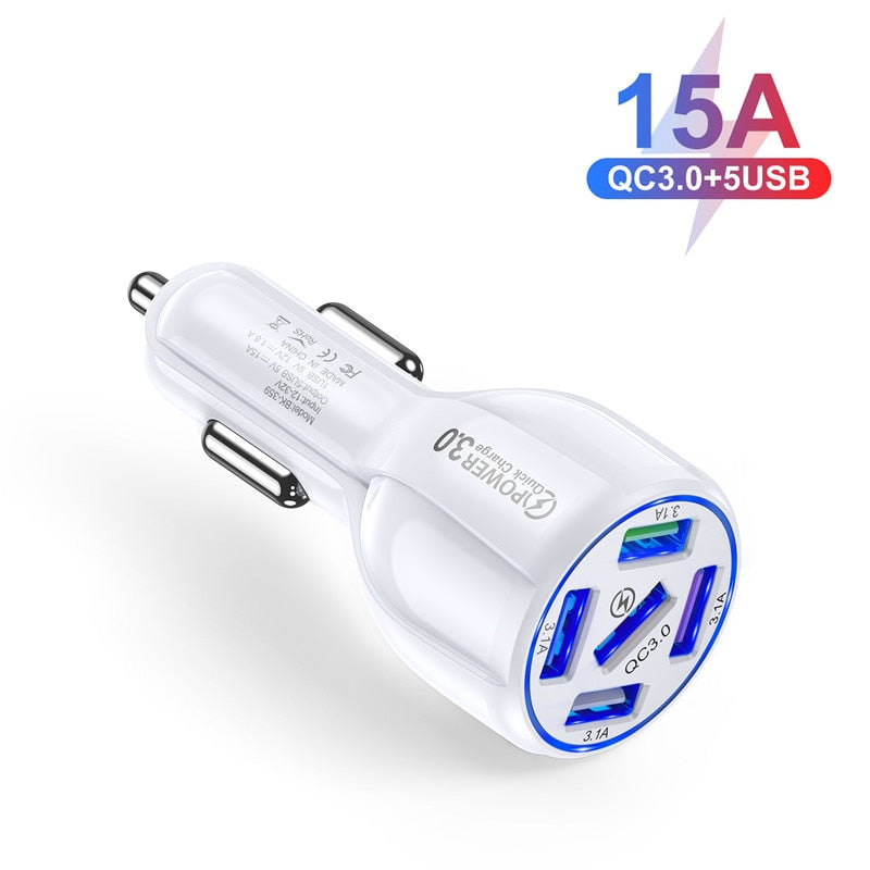 USLION 15A 5 Ports USB Car Charge Quick Mini LED Fast Charging For iPhone 12 Xiaomi Huawei Mobile Phone Charger Adapter in Car