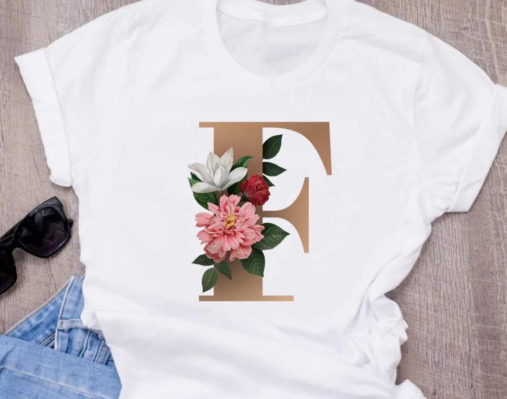 High-Quality Custom Personalized Name Letter (O) Combination T-Shirt for Women with Floral Alphabet Design in Short Sleeves.