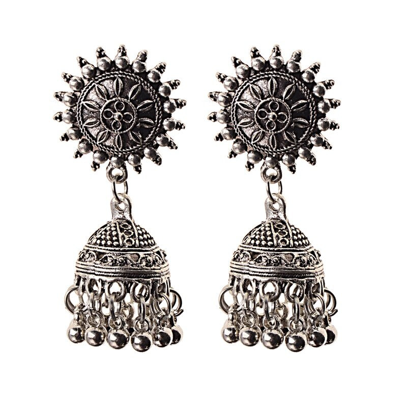 Ethnic Hollow Flower Turkish Jhumka Earrings For Women Vintage Indian Jewelry Silver Color Bell Tassel Dangling Earrings