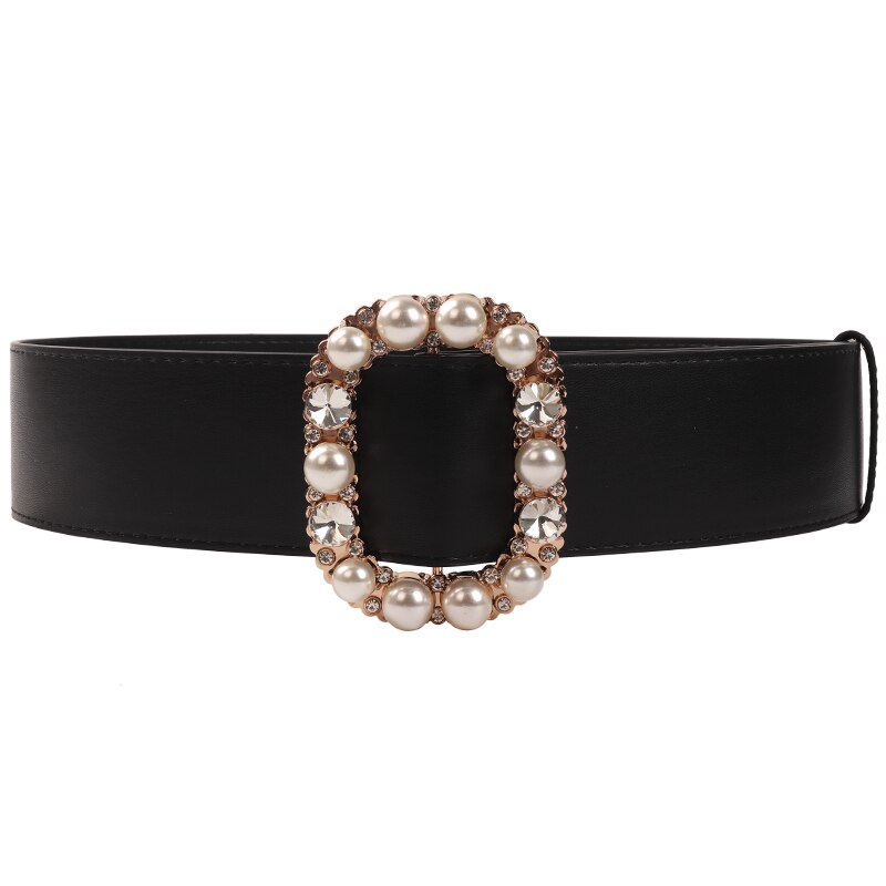 Luxury Crystal Pearl Gold Buckle Belts for Women HOT Wide Solid PU Leather Belt Black Dress Waistbands Lady Gifts No Pin Belt