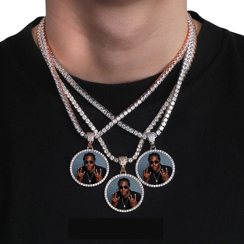 Custom Photo Memory Medallions Solid Pendant Necklace With Tennis Chain Hip Hop Jewelry Personalized Cubic Zircon Chains Gift