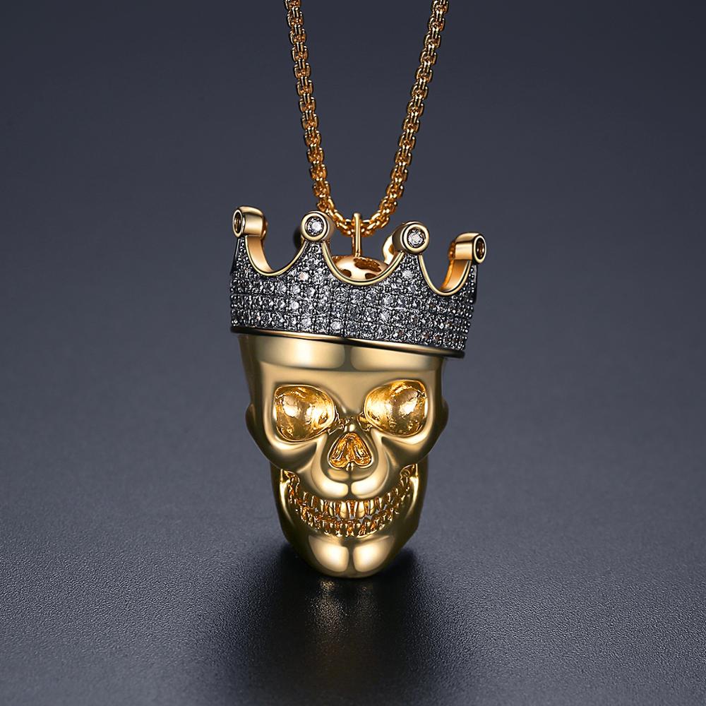 JINSE King Skull Shape Cubic Zirconia Skeleton Necklace For Men Women Vintage Crown Human Skulls Gothic Cosplay Jewelry Gifts