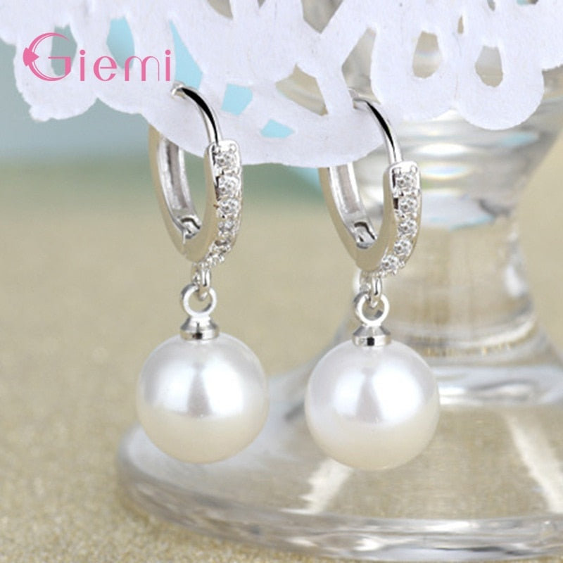 Trendy Elegant Created Big Simulated White Pearl 925 Sterling Silver Cubic Zircon Earrings For Women Girl Gift Jewelry