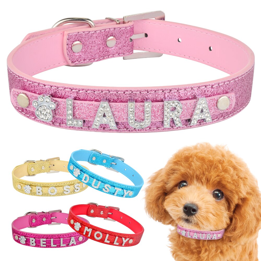 Personalized Dog Cat Collar Rhinestone Bling PU Leather Chihuahua Collar Custom Necklace Free Name Charms Pet Accessories