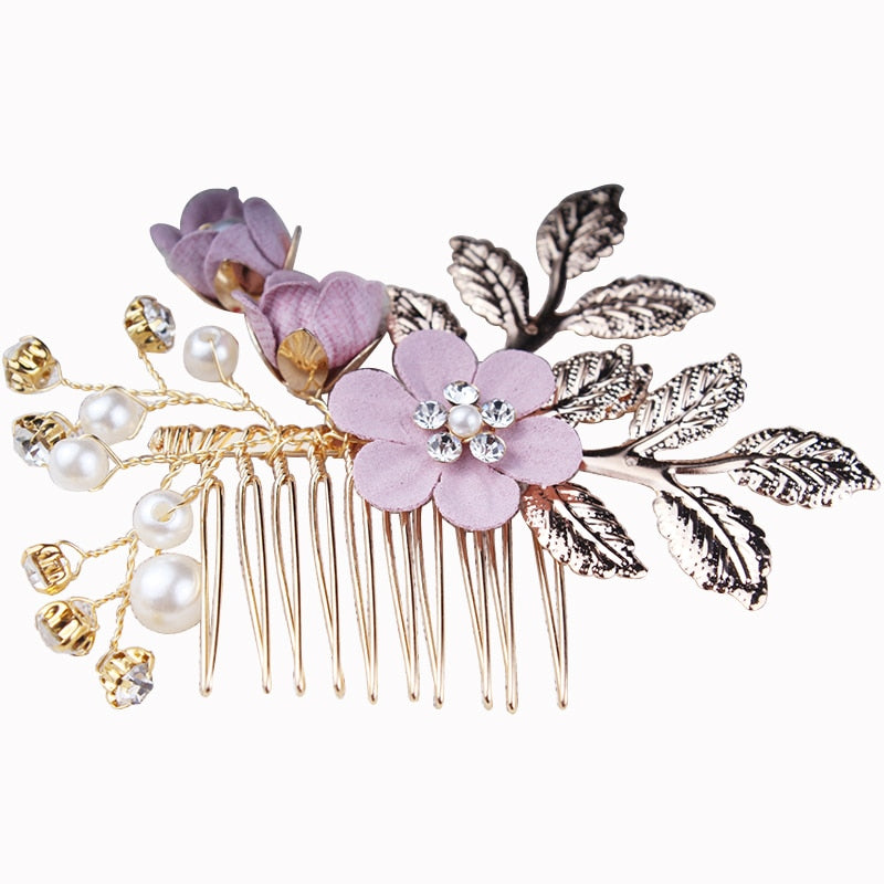 Bridal Wedding Hair Accessories Fashion Pearl Crystal Cloth Flower Hair Combs Headdress Gold Leaves Hair Jewelry Hair Pins