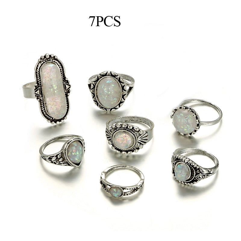 Tocona Vintage Antique Silver Color Rings Sets Colorful Opal Crystal Stone Carve for Women Men Bohemian Jewelry Anillos 6421