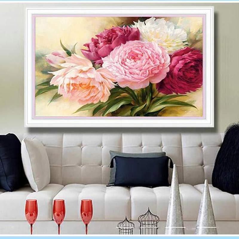 5D Full Diamonds Peony Flowers Embroidery Cross Stitch Kits Household Handmand DIY Decoration Crafts Wall Decor Material Package