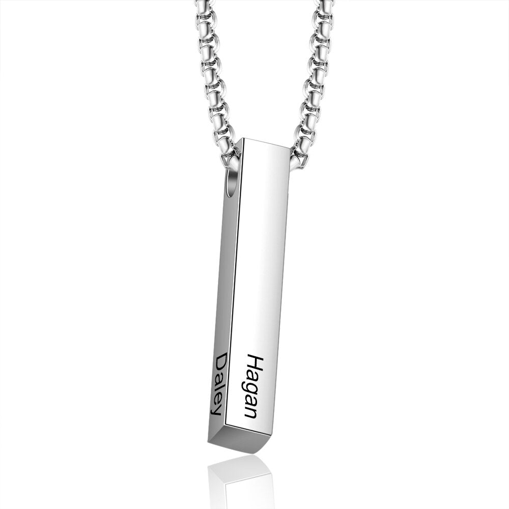 JewelOra Personalized 4 Sides Engraving Name Men Necklaces Customized 3 colors Stainless Steel Vertical Bar Pendant for Fathers