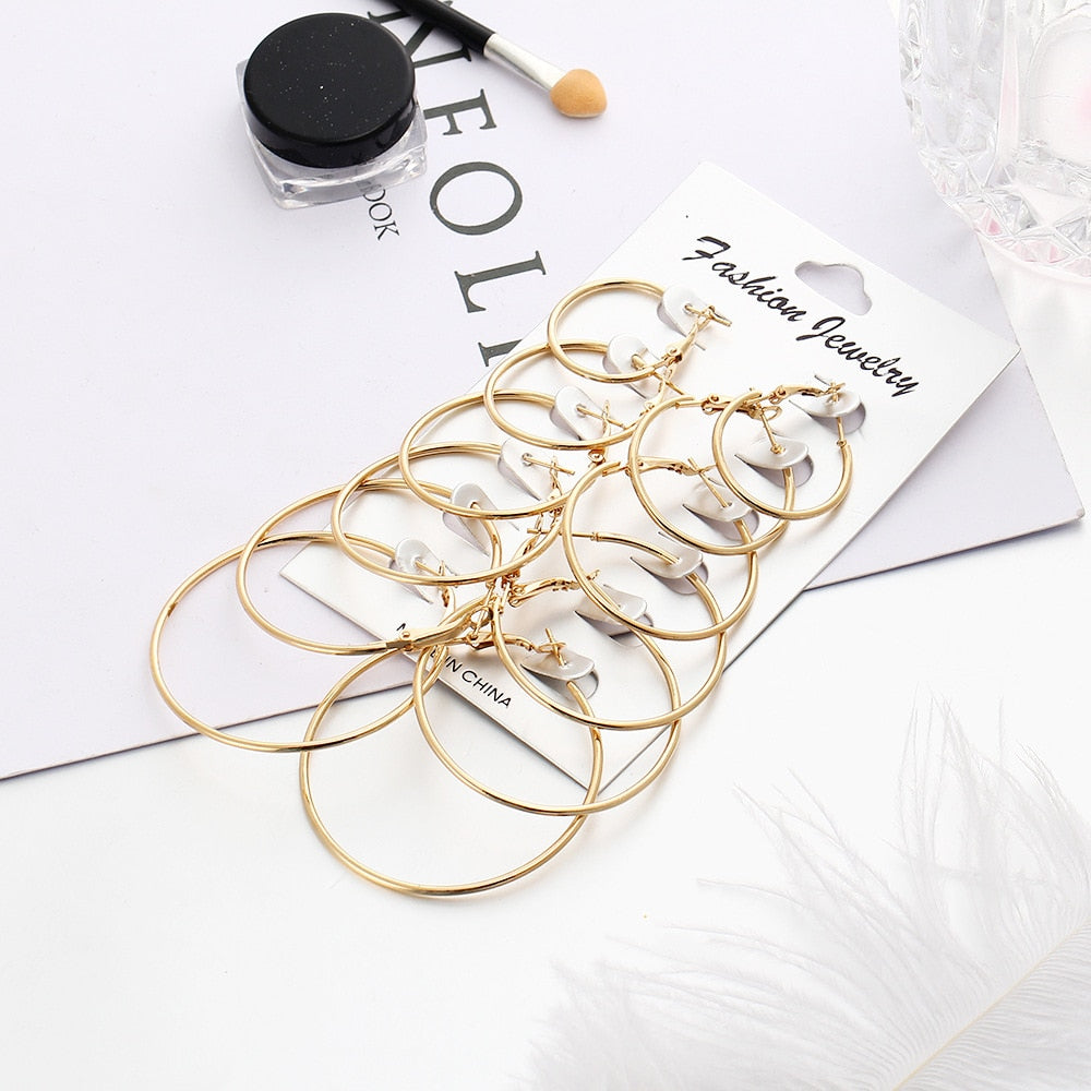 Amazing Price 12 Pairs/Set Oversized Big Circle Hoop Earrings Set For Women Simple Punk Brinco Round Earrings Party Jewelry Gift