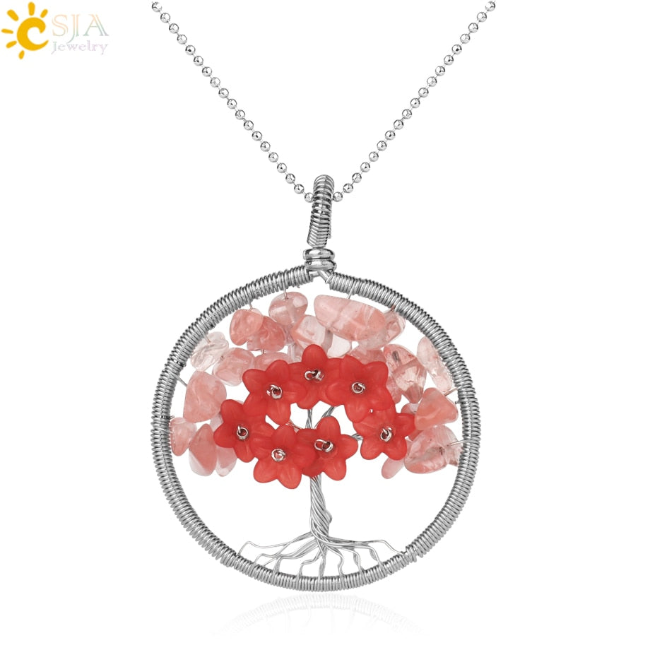 CSJA's Silver-Colored Tree of Life Pendant Necklace with Natural Stone - Wire-Wrapped Quartz Crystal Chip Bead Flower - Reiki Jewelry for Women - Model G306