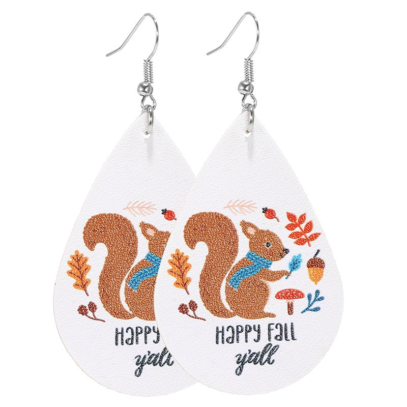 Pumpkin Maple Thanksgiving Leather Earrings Women Vintage Unique Floral Checked Print Leather Teardrop Dangle Earrings Gifts