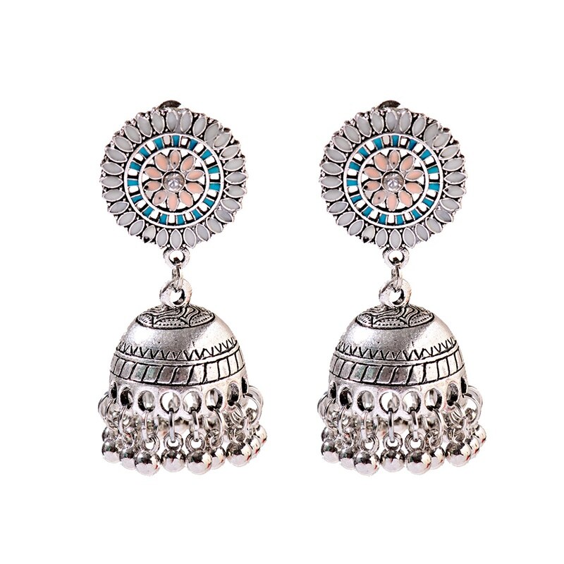 Ethnic Hollow Flower Turkish Jhumka Earrings For Women Vintage Indian Jewelry Silver Color Bell Tassel Dangling Earrings