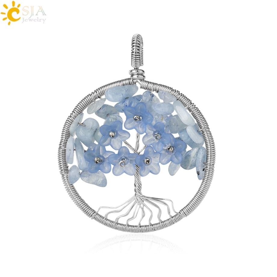 CSJA's Silver-Colored Tree of Life Pendant Necklace with Natural Stone - Wire-Wrapped Quartz Crystal Chip Bead Flower - Reiki Jewelry for Women - Model G306