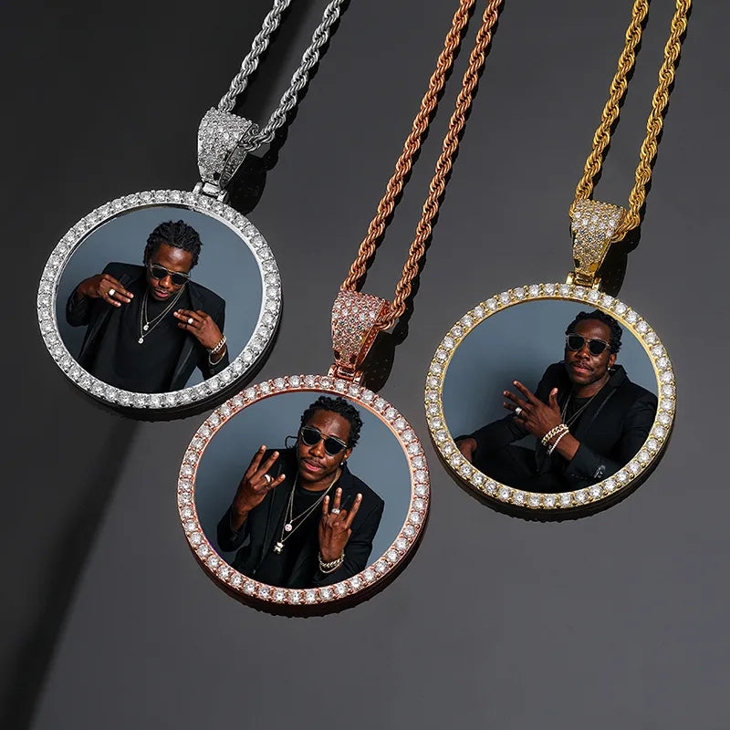 JINAO NEW Custom Ice out Large size Photo Round Necklace &amp; Pendant With 4mmTennis Chain AAA Cubic Zircon Hip hop Jewelry