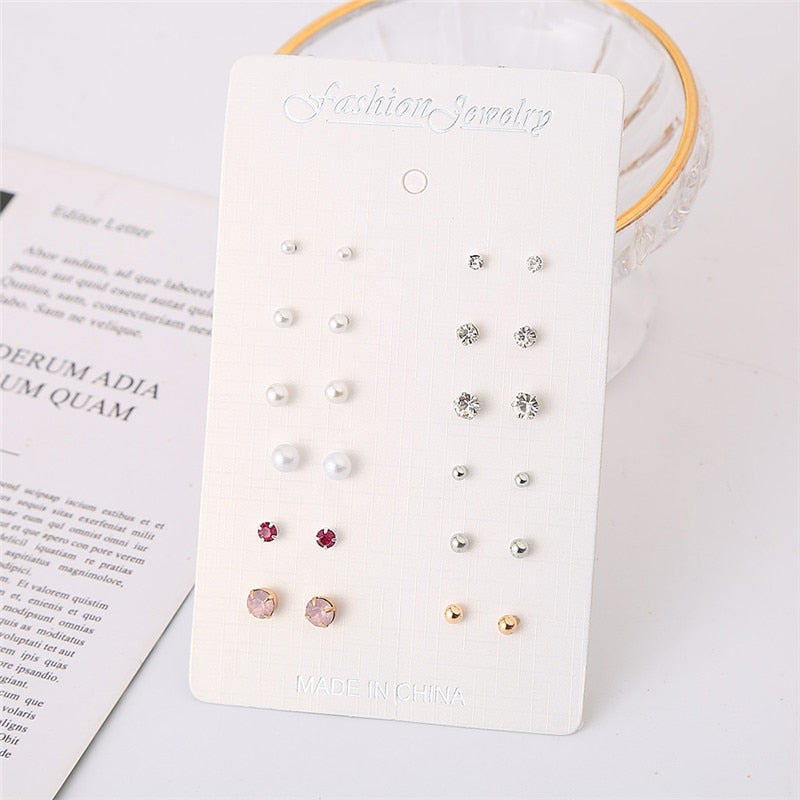 12 pairs/set Crystal Simulated Pearl Earrings Set Women Jewelry Accessories Piercing Ball Stud Earring kit Bijouteria brincos