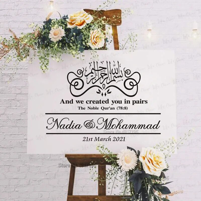 Arabic Welcome Decal Custom Wedding Welcome Sign Sticker Muslim Vinyls Art Islamic Wedding Sign Decal Custom Names Date Decor