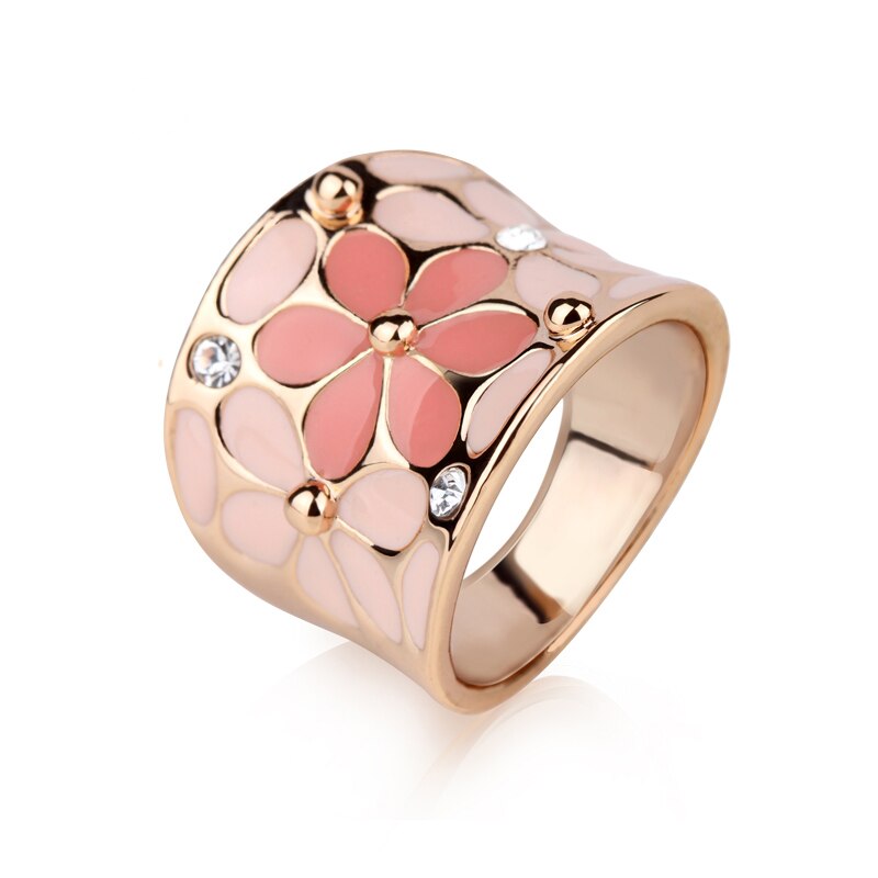 Fashion Enamel Metal Gold Rings Unique Fine Jewelry Scarves Pink Black Painted Flower Ring Gifts For Women Girls Perfect Quality