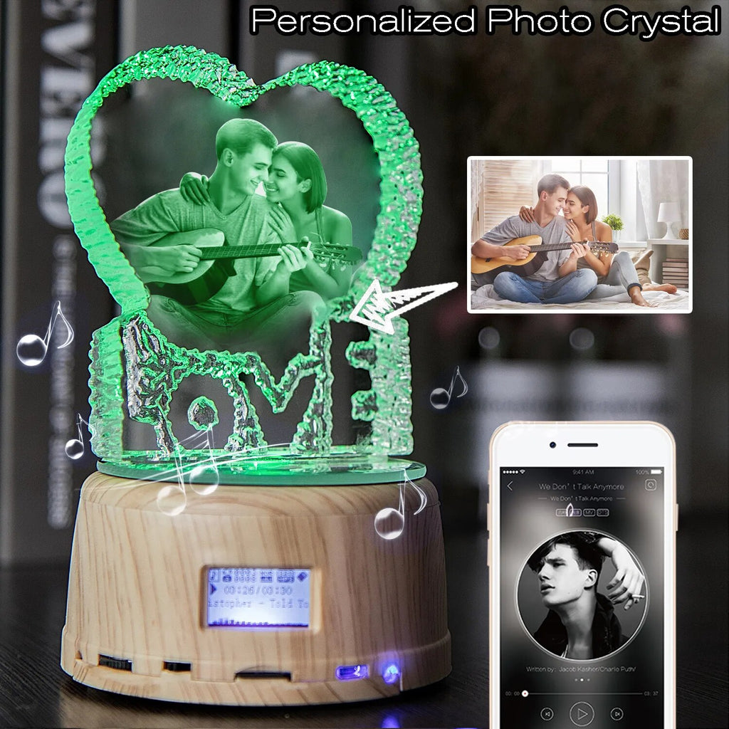 Customized Photo Gift Personalized Crystal Picture Night Light Rotating Music Box Lamp Gift for Mom Dad Father&#39;s Day Anniversary