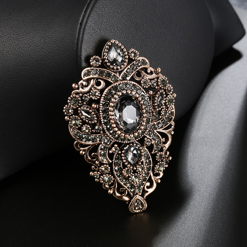 Kinel 2021 Fashion Vintage Gray Crystal Women Brooch Pin Gold Plating Arabesque Rhinestone Turkish Brooch Lapel Scarf Broches