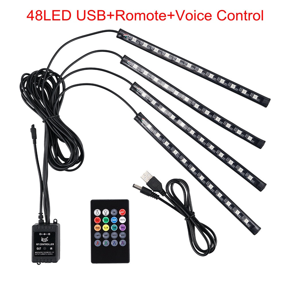 Ambient LED Strip Light Kit For Car Neon Foot Light With Remote APP Voice Music Control Atmosphere Decor Interior Lighting Lamps