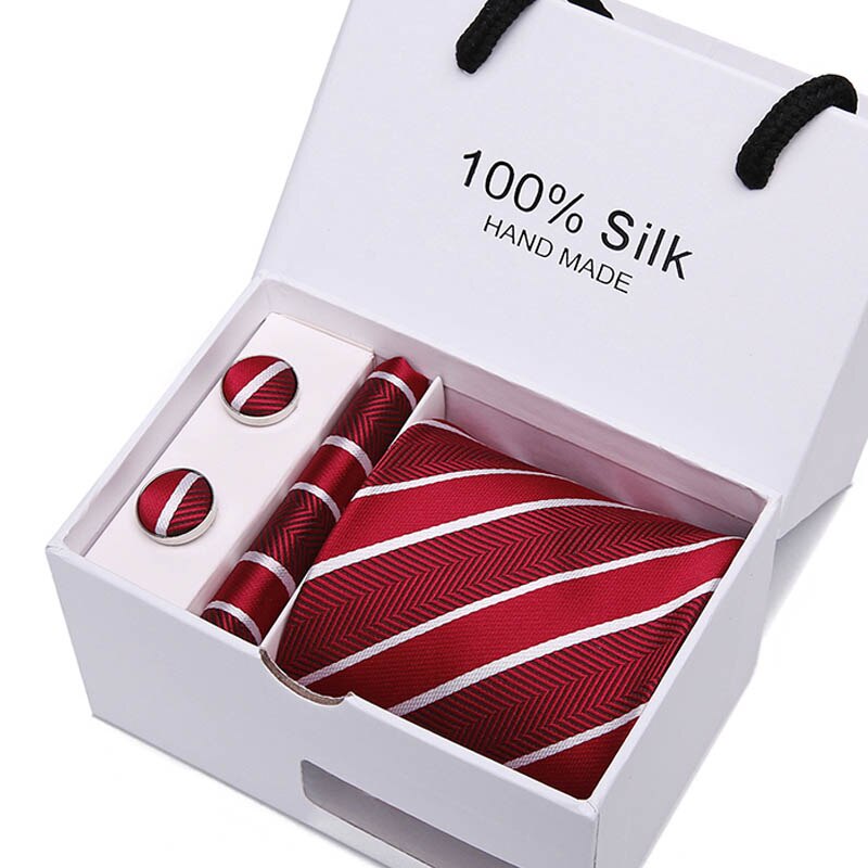 Joy alice New Men's Tie Hanky Cufflinks Set With Gift Box Red polka dot Fashion Ties For Men Wedding Business Party Groom SB43