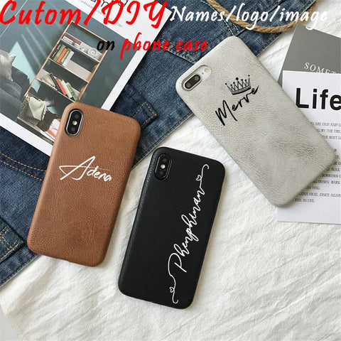 Custom Name  Logo Photo on Cases for Iphone 11 Pro Max Case Luxury Leather PU Soft Cover 12 Phone XSMax XR X 6 7 8Plus Retro