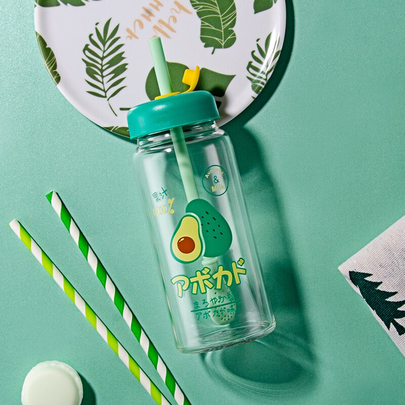 Water bottle cute fruit straw creative student couple transparent glass water cup cup with lid juice drink water cup gift office