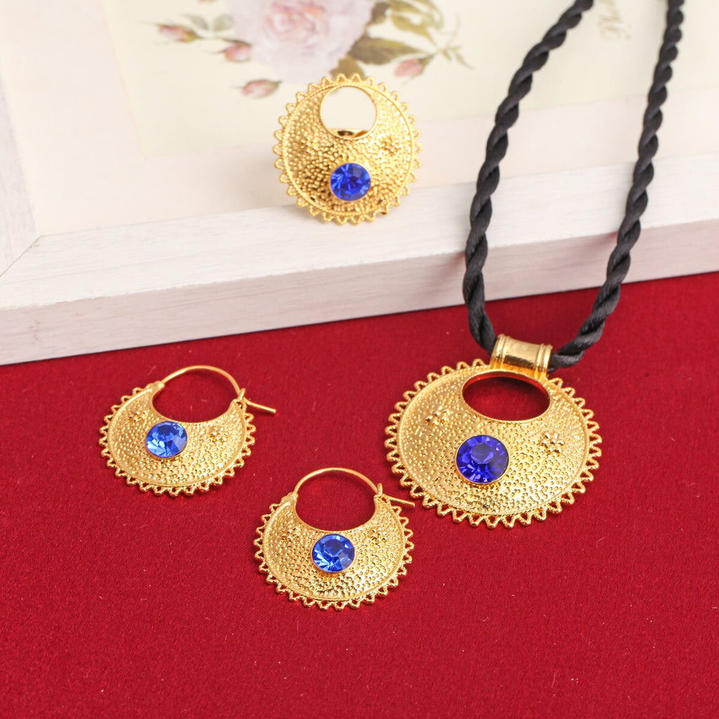 Blue Red Green Stone Ethiopian Pendant Necklaces Earrings Ring Gold Color Africa Bride Wedding Jewelry Set