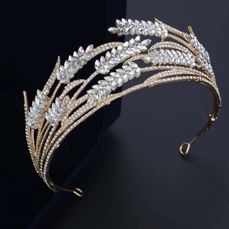 Luxury Crystal Wheat Shape Crown Handmade Gold Color Bride Headdress Wedding Tiara Rhinestone Headpiece Women Hair Accessories