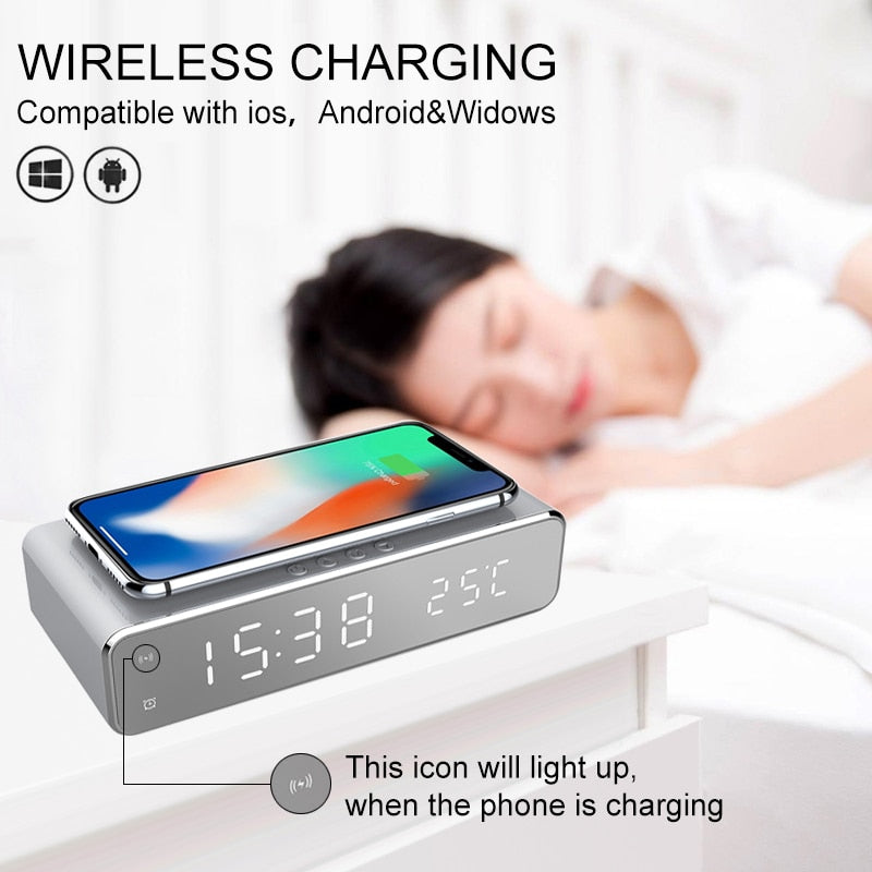 LED Electric Alarm Clock With Wireless Charger Desktop Digital Despertador Thermometer Clock HD Mirror Clock Watch Table Decor