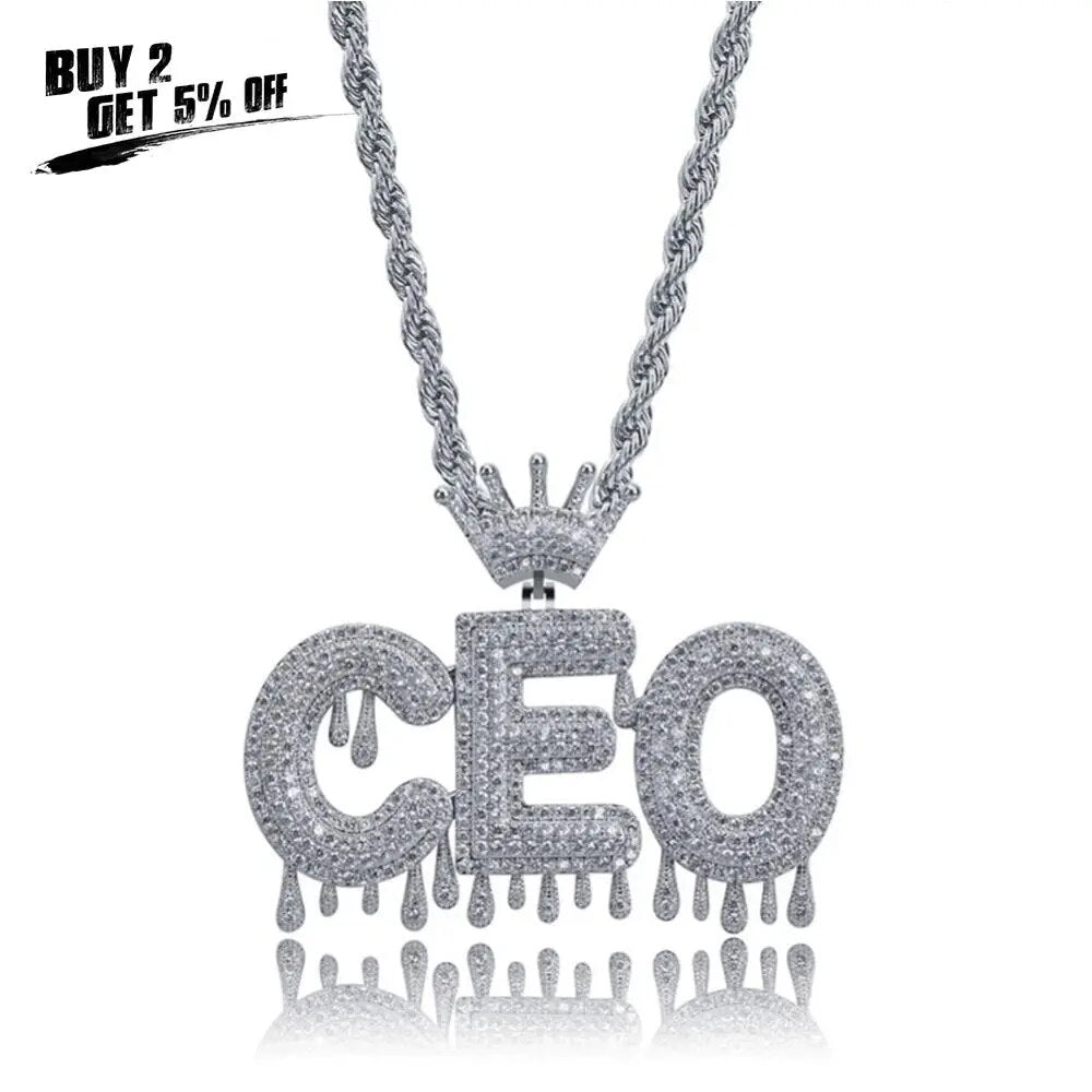 Custom Name Iced Out Crown Bubble Letters Chain Pendants Necklaces Men's Charms Zircon Hip Hop Jewelry Silver color Tennis Chain