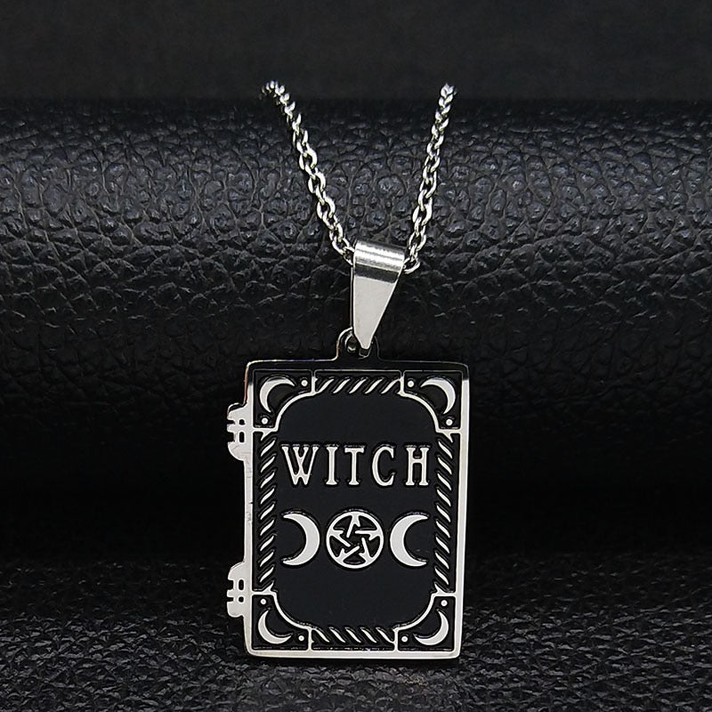 Moon Sun Pentagram Stainless Steel Witch Magic Necklace Witchcraft Spell Book Necklace Triple Moon Goddess Jewelry joyas N1906S2