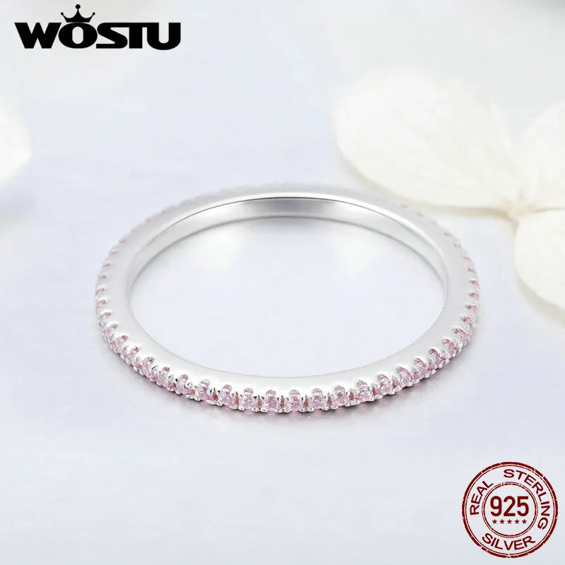 WOSTU Real 925 Sterling Silver Glitter Pink CZ Stackable Circle Finger Rings For Women Engagement Silver Jewelry CQR066