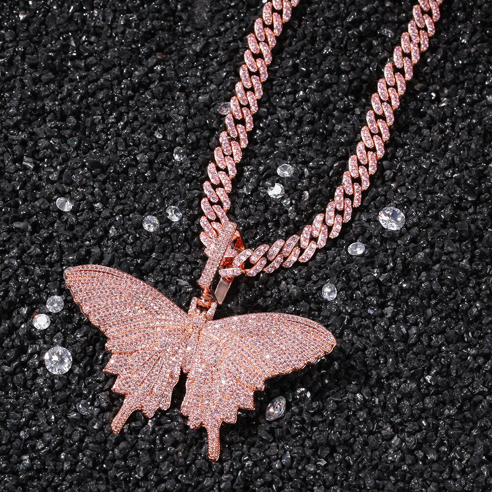 Men's Iced Out Big Pink Butterfly Pendant Cubic Zirconia Necklace Hip Hop Jewelry Charm Women Gift with Tennis or Cuban Chain