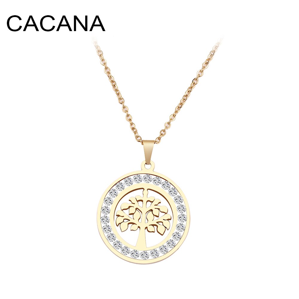 Cacana Stainless Steel Crystal Round Pendants Necklace Women Tree to Life Choker Jewelry Trendy  Necklaces Chain Valentine's Day