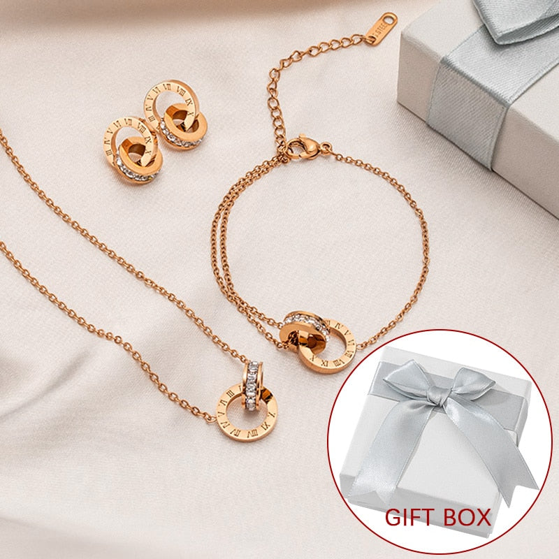 Luxury Elegant Roman Numeral Crystal Necklace Earrings Set For Women Fashion Stainless Steel Earrings 2021 Trend Wedding Jewelry