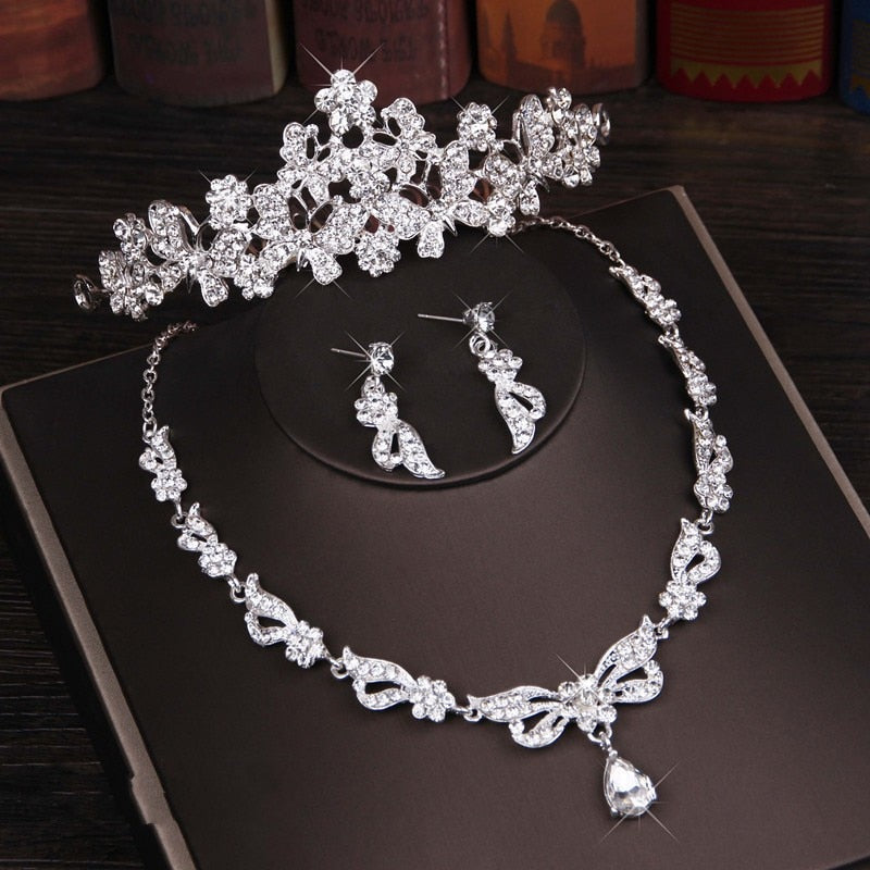 3PCS Rhinestone Crystal Butterfly Bridal Jewelry Sets Necklace Earring Tiara Set Wedding Hair Ornaments African Bead Jewelry Set