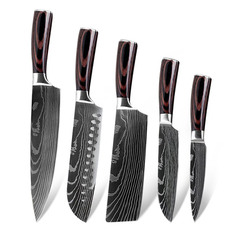 10pcs Damascus Kitchen Knife Set Laser Pattern Professional Chef Knives 440C Stainless Steel Knife Sharpener