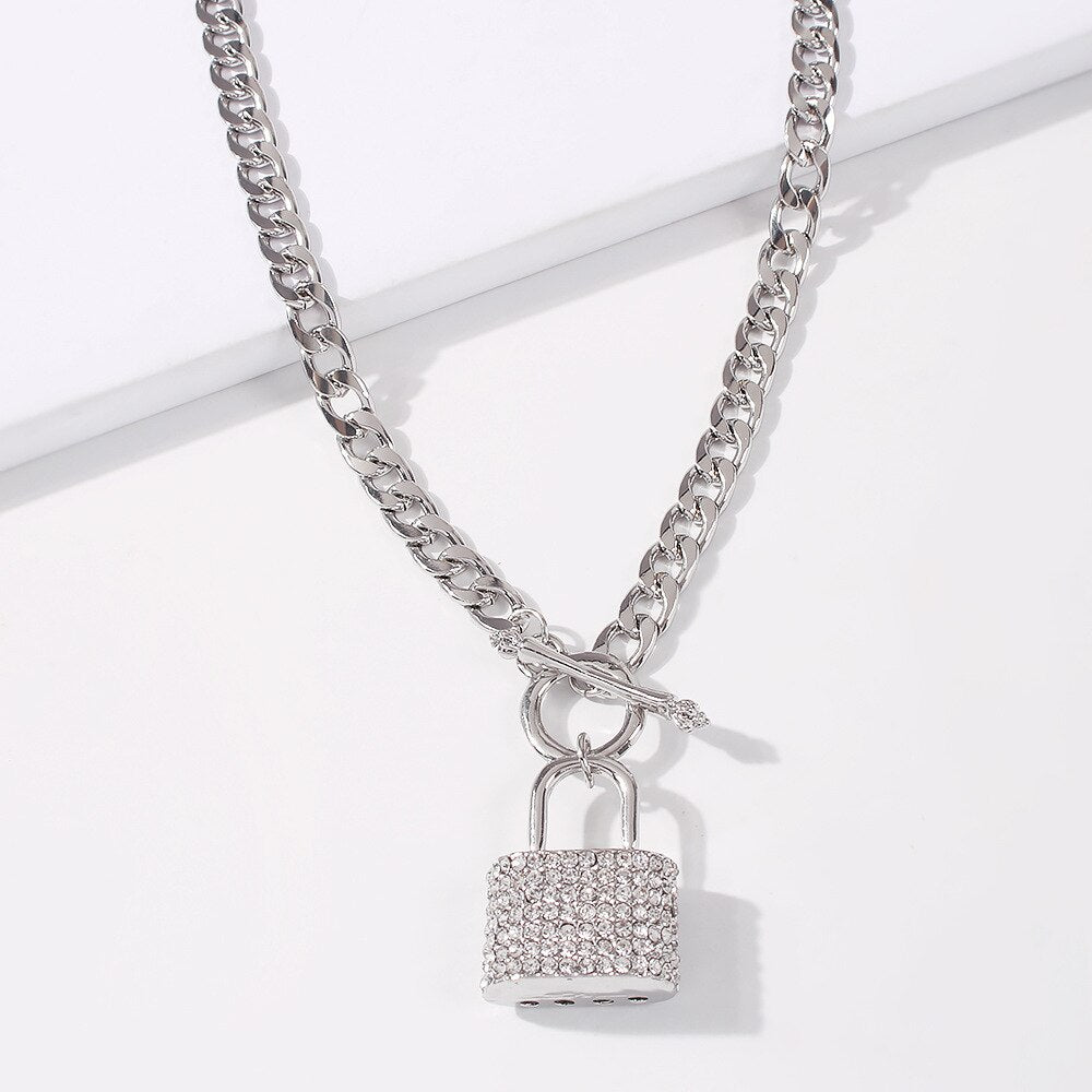 KMVEXO Shiny Crystal Lock Pendant Necklace Jewelry For Women Men Punk LOVE Padlock Couple On Neck Chains Necklace Gifts 2020