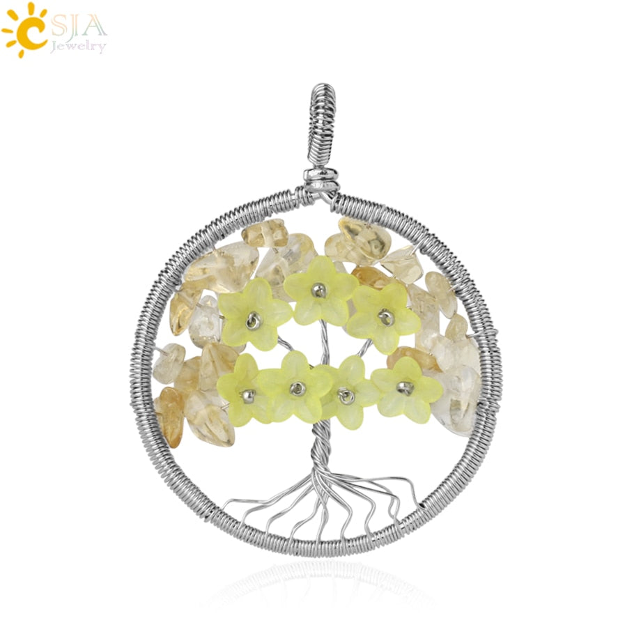 CSJA's Silver-Colored Tree of Life Pendant Necklace with Natural Stone - Wire-Wrapped Quartz Crystal Chip Bead Flower - Reiki Jewelry for Women - Model G306