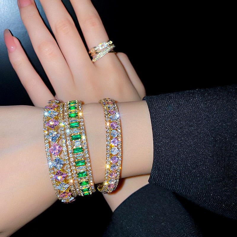 FYUAN Geometric Zircon Bracelet &amp; Bangles For Women Pink Green Crystal Cuff Bracelets Weddings Party Jewelry