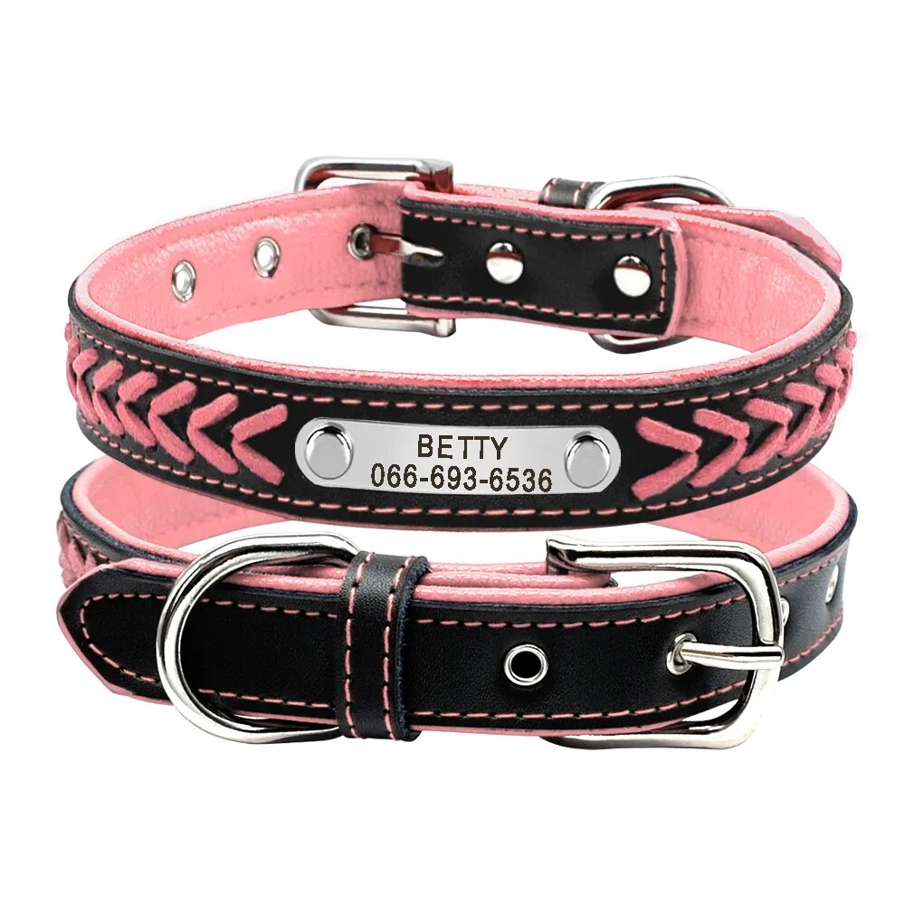 Engraved Leather Dog Collar Braided Persoanzled ID tag Collars Nameplate Customized Pet Collar Leather Pet Walking Leash Leads