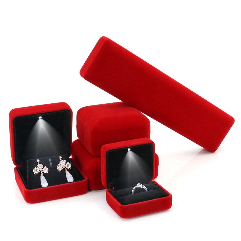 Flannel LED Light Jewelry Box for Lover Gift Wedding Velvet Ring Pendant Earring Display Storage Jewellery Boxes and Packaging